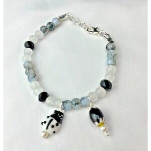Handmade Beaded Bracelet Ladybug Charm Black White Glass Forestcore Cottagecore